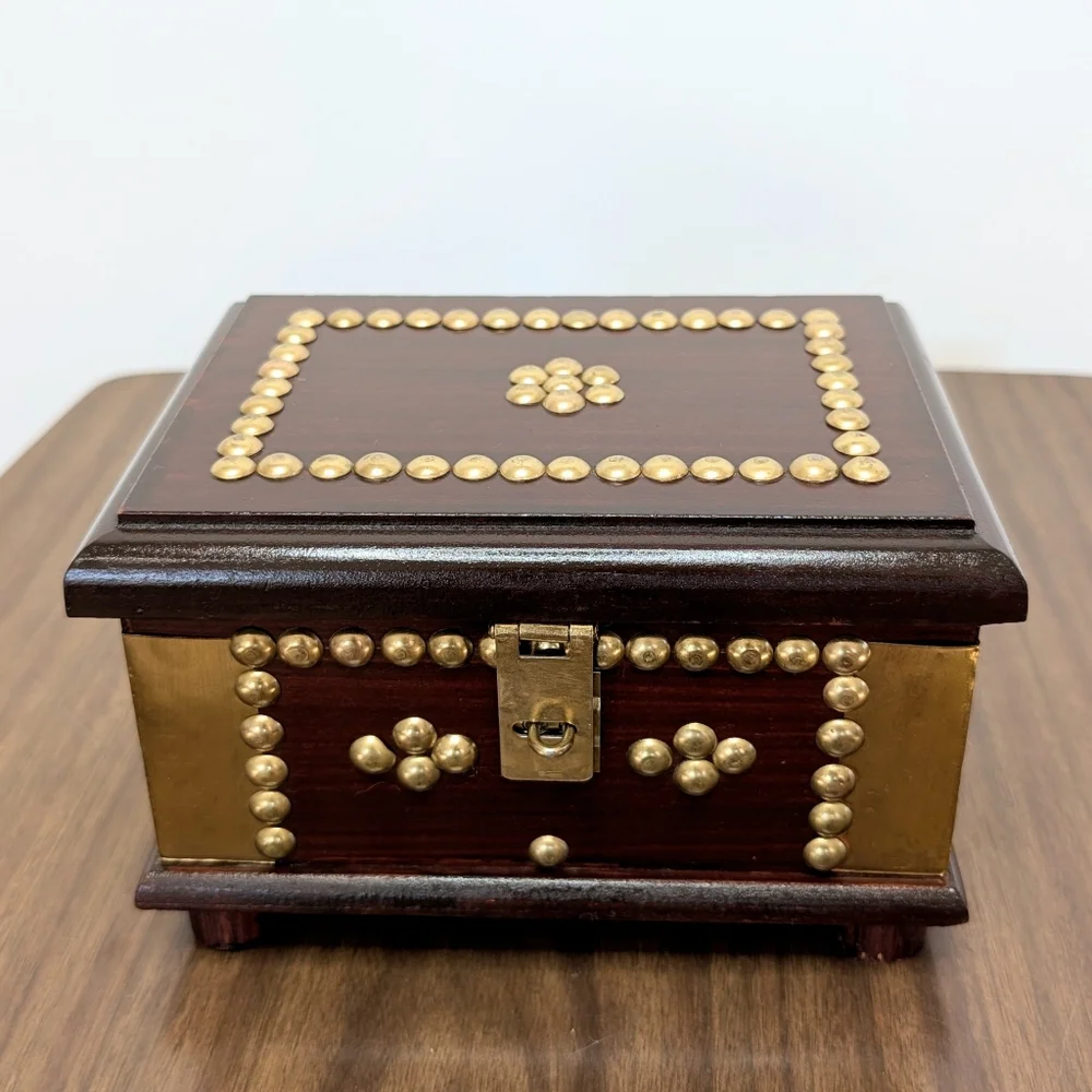 Vintage Dark Red Brown Mahogany Color Wooden Box With Gold Tone Brass Details